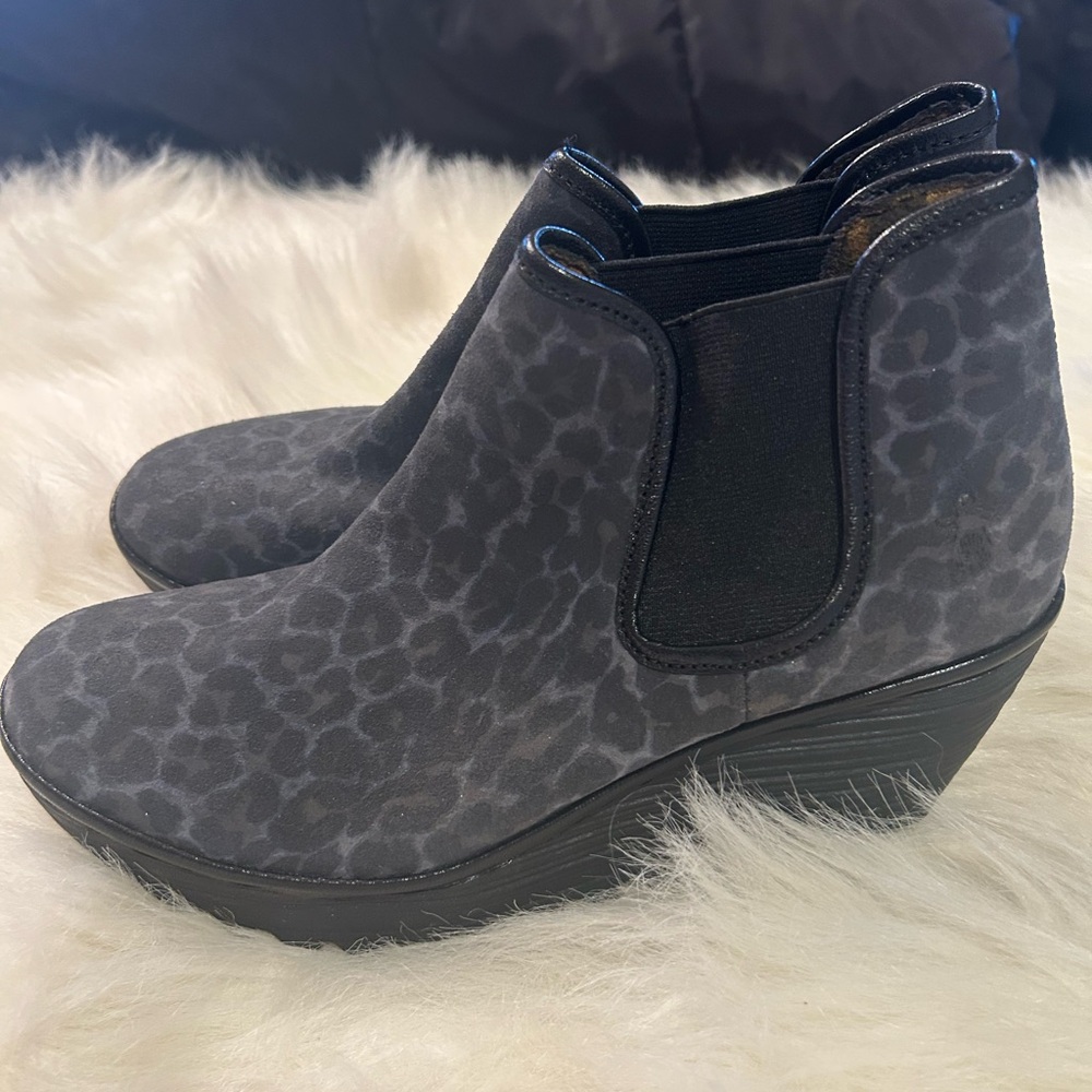 Fly London Gray Leopard Heeled Boots